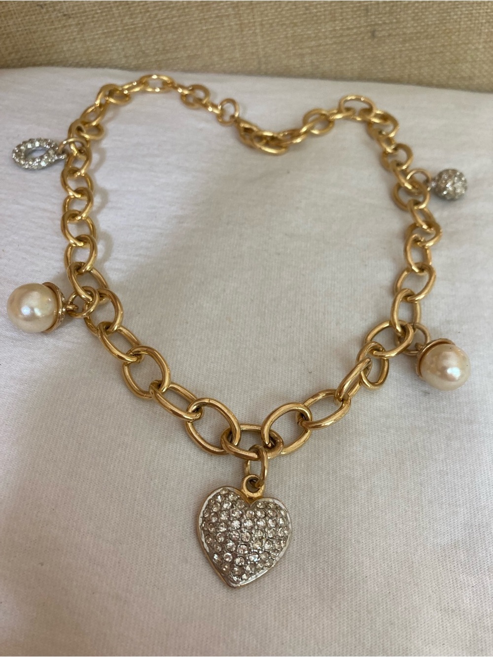 Charm Necklace Hearts Faux Pearls Rhinestones